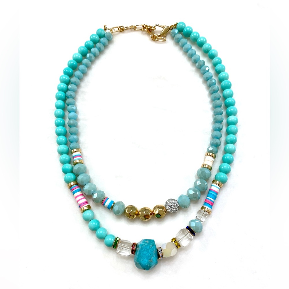 Turquoise Double-Strand Beaded Necklace with Gold Accents
